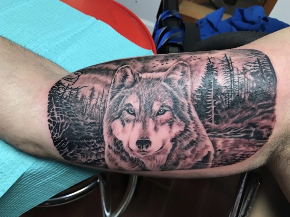 See how realistic shading, natural scenery, and thoughtful composition come together in a detailed black and grey wolf tattoo from Elite Ink.
